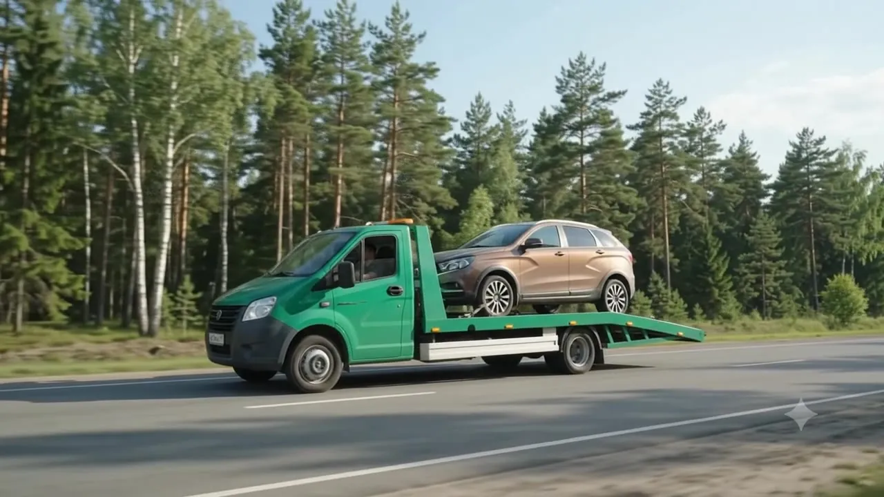 Эвакуатор перевозит легковой автомобиль